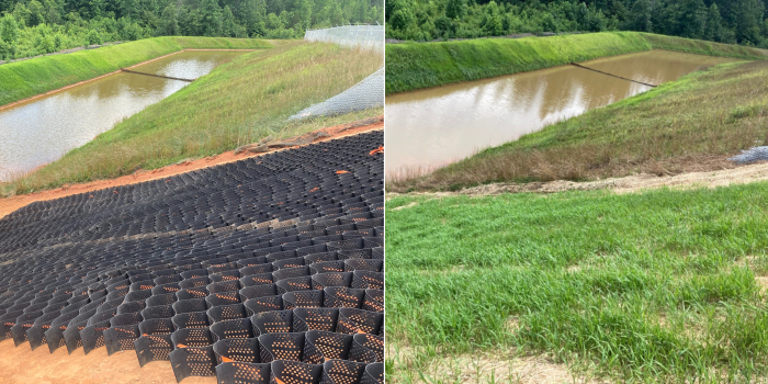 first photo shows geocells installed on slope leading down to pond. second photo shows the same area vegetated with grass